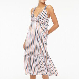 J Crew Factory White Blue Red Strappy V-Neck Tiered Sleeveless Midi Dress Medium